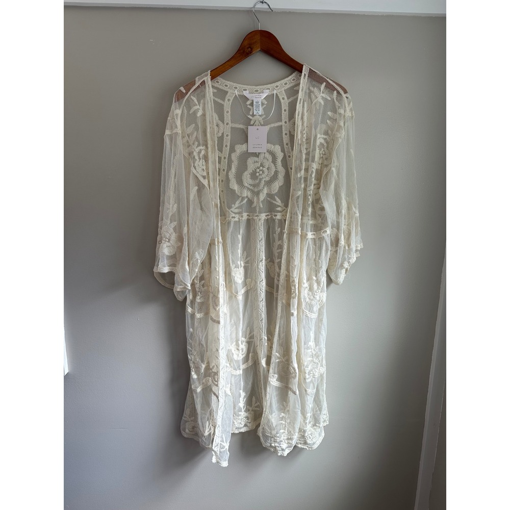 LC Lauren Conrad Lace Kimono Women One Size Ivory NWT Boho Floral Mesh Cardigan